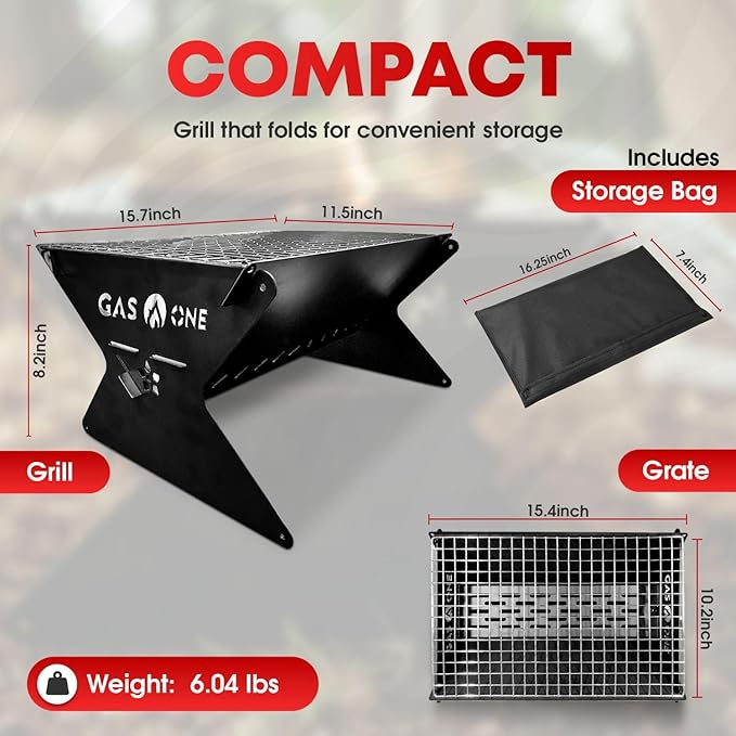 GasOne 15” Portable Charcoal Grill – Foldable BBQ Grill – Camping Grills for Backyard Bonfire Patio – Heavy-Duty Portable Fire Pit – Camp Cooking Gear