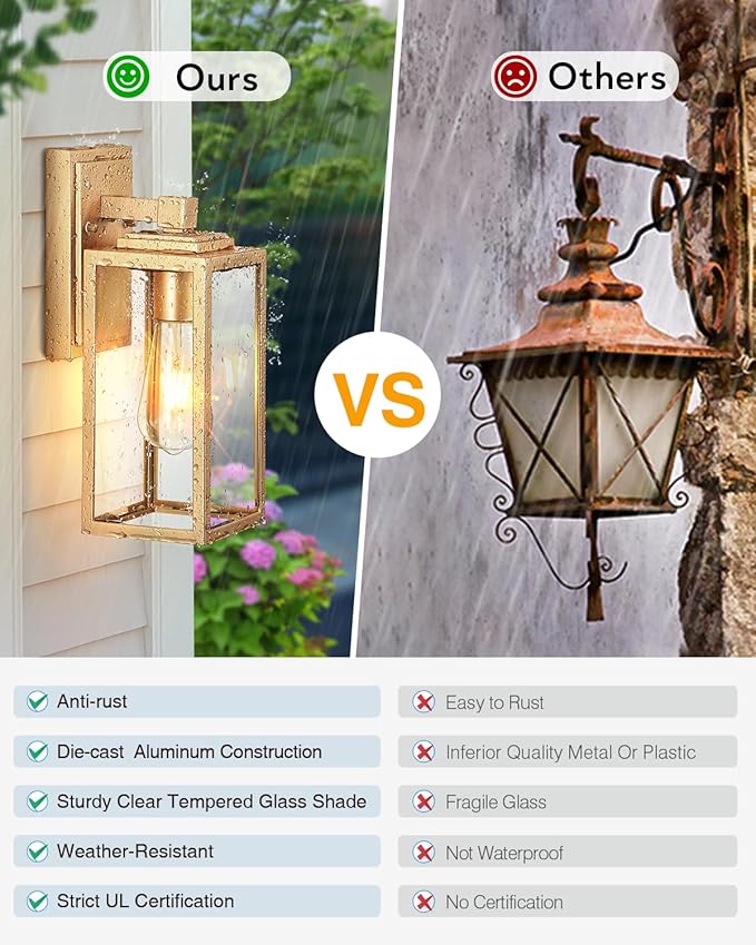 VIANIS Gold Outdoor Wall Lights 2 Pack Waterproof Outdoor Porch Lights Anti-Rust Porch Lights Outdoor Outdoor Light Fixture for House Garage Doorway Garden Tempered Glass E26 Socket