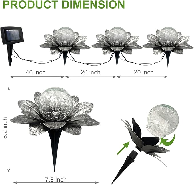 LEWIS&ampWAYNE Solar Garden Lights Outdoor 3 Pcs Silver Gray Lotus Flower Pathway Lamps with Cool White Crackle Glass Globe Led Lights for Patio Pathway Yard Balcony Garden Decorations