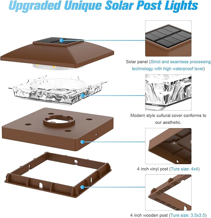 VOLISUN 4x4 Solar Post Cap Light 8packSolar Fence - Post Lights Brown Outdoor Waterproof for Wooden/Vinyl Post with Warm White for Deck