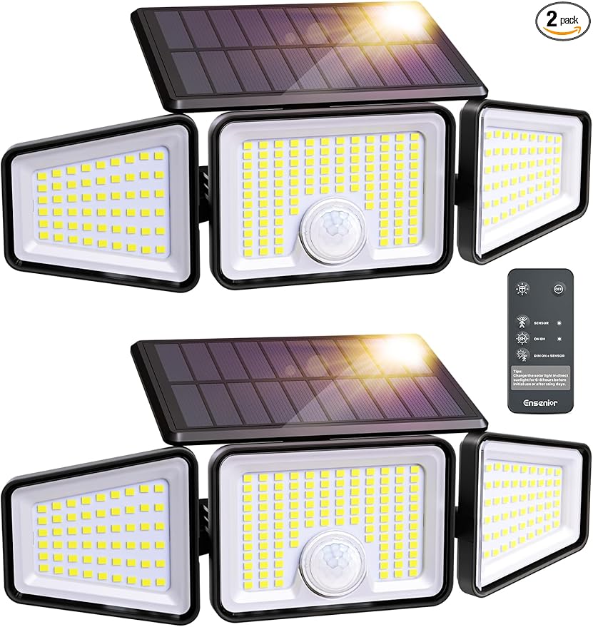 Ensenior Solar Lights Outdoor Motion Sensor 2600LM 220 LED High Brightness 3 Head 270° Wide Angle Flood Lights Remote Control Security Lights 4 Modes IP65 Waterproof Wireless Wall Light 2 Pack