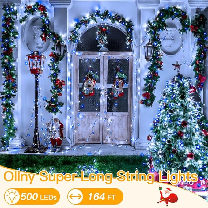 Ollny Christmas Lights 500LED 164FT Long Christmas Tree Lights with 8 Modes Remote Timer IP44 Waterproof Outdoor Christmas Lights for Tree House Yard Outside Xmas Decorations (Blue+White)