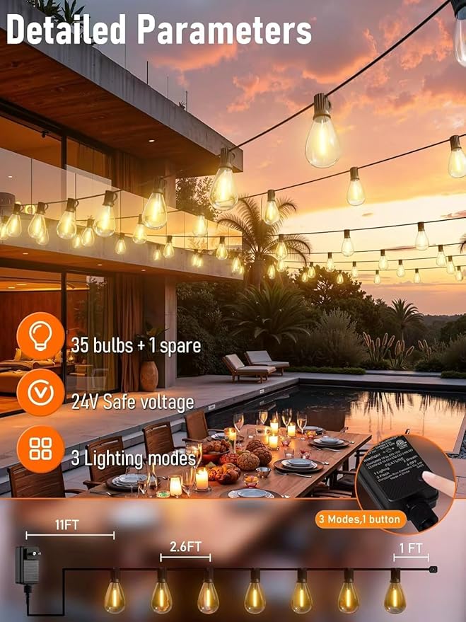 luckystyle 100FT LED Outdoor String Lights with Remote 35+ 1 Shatterproof Bulbs Waterproof and Dimmable Patio Lights for Porch Garden Backyard Deck Balcony 2700K Hanging Lighting