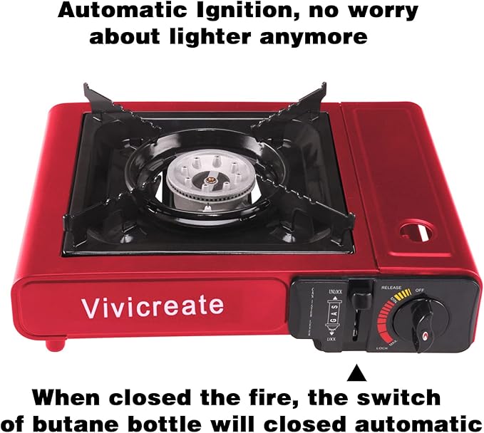 Vivicreate 8500 BTU Portable Butane Gas Stove for Camping Cooking Outdoor Lightweight Portable Stove Burner with Auto Ignition Estufa de Gas Portátil para Camping al Aire Libre(Red)