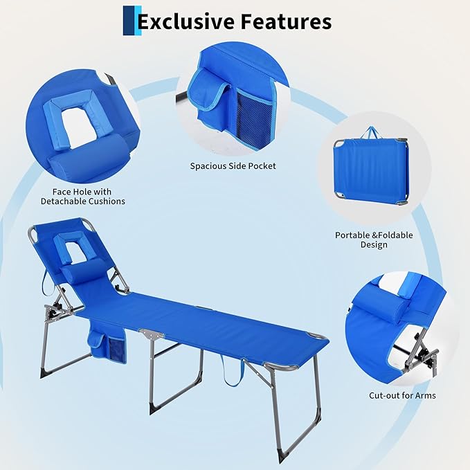 Tanning Chair with Face Hole Folding Beach Lounge Chair5-Position Adjustable Backrest Pillow &amp Side PocketPortable Face Down Chaise Lounge for Outdoor Backyard PoolsideBeach PatioBlue