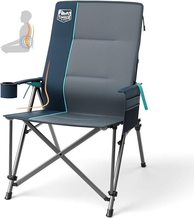 TIMBER RIDGE Oversized Camping Chair with Lumbar Support Portable Folding Chair Heavy Duty for Adults Supports 450 LBS for Outdoor Camping Lawn with High Back Cup Holder Side Pocket Blue