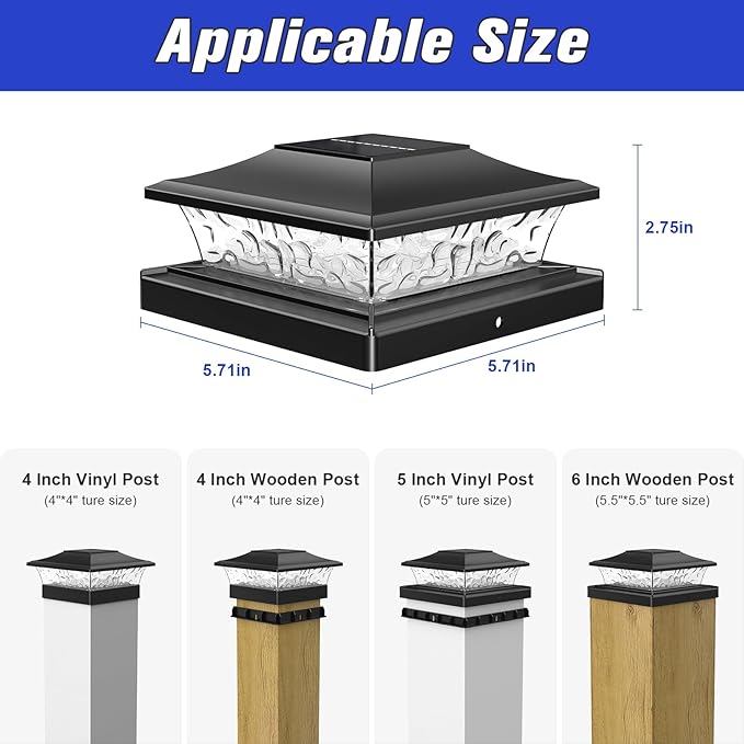 APONUO Solar Post Cap Lights 6 Pack for 4x4 5x5 6x6 Wood &amp Vinyl Fences - IP65 Waterproof All-Night Auto On/Off Warm/Cool White Light Outdoor Deck Patio Garden (Black)