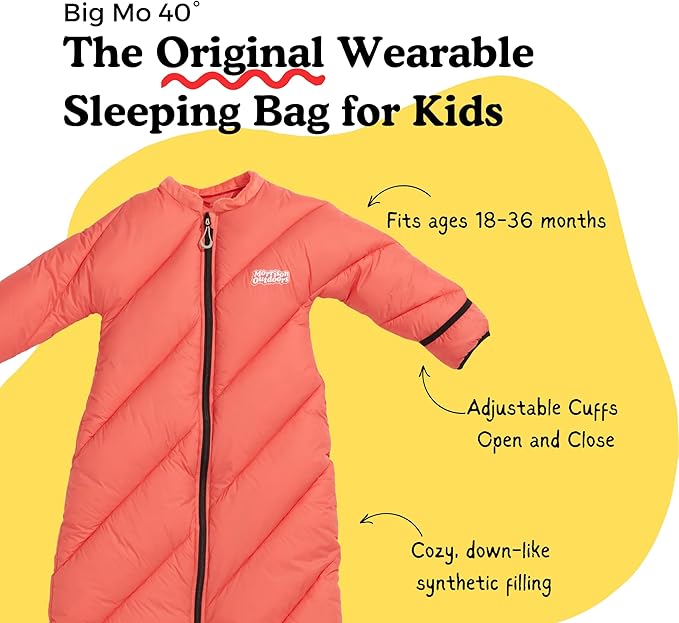 Big Mo 40° Kids Sleeping Bag (Ages 18-36m). The Coziest Funnest Camping Sleeping Bag for Kids with Adjustable Cuffs.