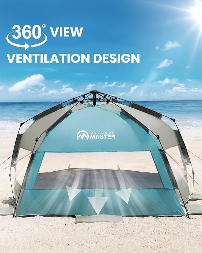 OutdoorMaster Beach Tent Sun Shelter for 3-4 Person Pop Up Beach Tent Easy Setup with Sandbags Portable Sun Shade Canopy with Carrying Bag for Beach &amp Outdoor UPF50+ UV Protection Family Size