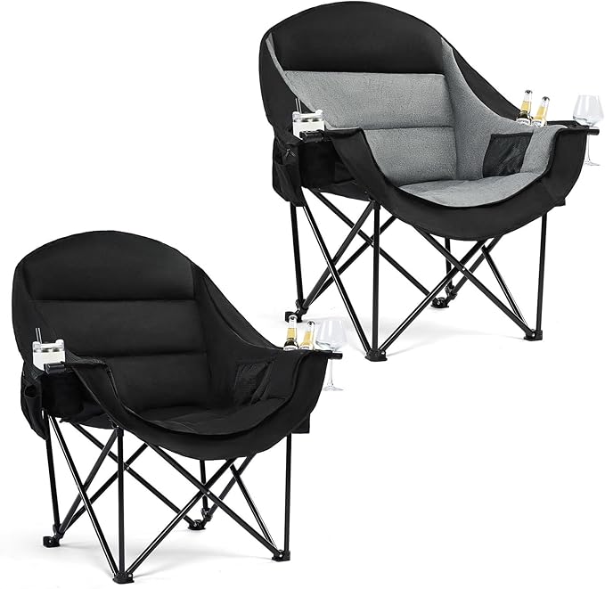 Oversized Camping Chair for Adults - Heavy Duty Outdoor Padded Large Lawn Camp Chair with Cup Holder Cooler Pockets for Sports Beach Fishing Garden Portable Supports 500lbs Black/AllBlack 2 Pack