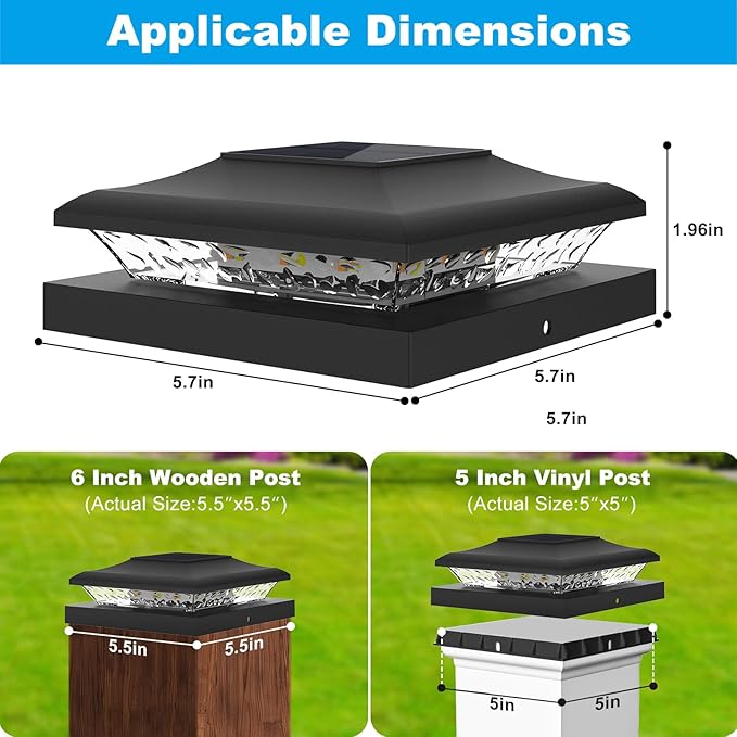 12 Pack Solar Post Cap Lights Outdoor 2 Modes (Warm/White Light) Black Fence Post Solar Powered Lights Waterproof for 5x5 5.5x5.5 6x6 Wooden/Vinyl Posts Decorate Garden Deck Patio Porch