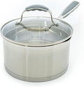 David Burke Gourmet Pro Stature Stainless Steel 3.5-Qt Sauce pan with Glass Straining Lid and Pour Spouts EZ-Grip Riveted Handles for Durability and Control Oven Safe - Brushed Gray