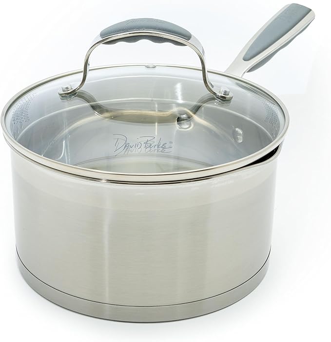 David Burke Gourmet Pro Stature Stainless Steel 3.5-Qt Sauce pan with Glass Straining Lid and Pour Spouts EZ-Grip Riveted Handles for Durability and Control Oven Safe - Brushed Gray