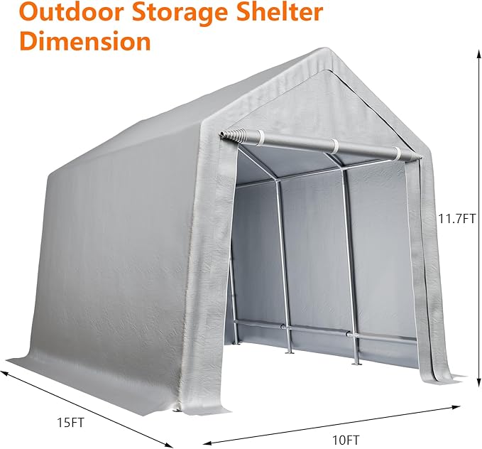 10×15 ft Outdoor Storage Sheds Portable Storage Shelter Shed with Roll up Zipper Doors Waterproof Outside Utility Shed Garage Tent for Motorcycle Bicycles and Camping Tools