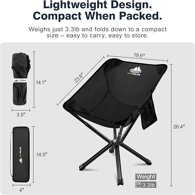 Lightweight Folding Camping Chair — 3.3 lb Compact Portable Design One-Piece No Assembly Structure Aluminum Frame Easy Carry Chair for Travel Hiking Camping &amp Beach