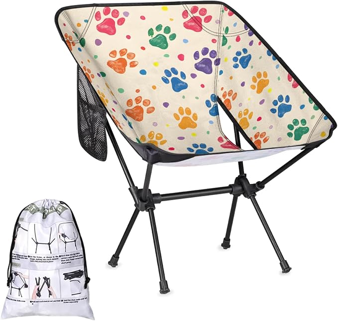 Honeybaby Folding Camping Chair Colorful Dog Paw Prints Camping Chairs Lightweight Portable Chair Outdoor Foldable Chairs for Camping Travel Picnic Beach Hiking