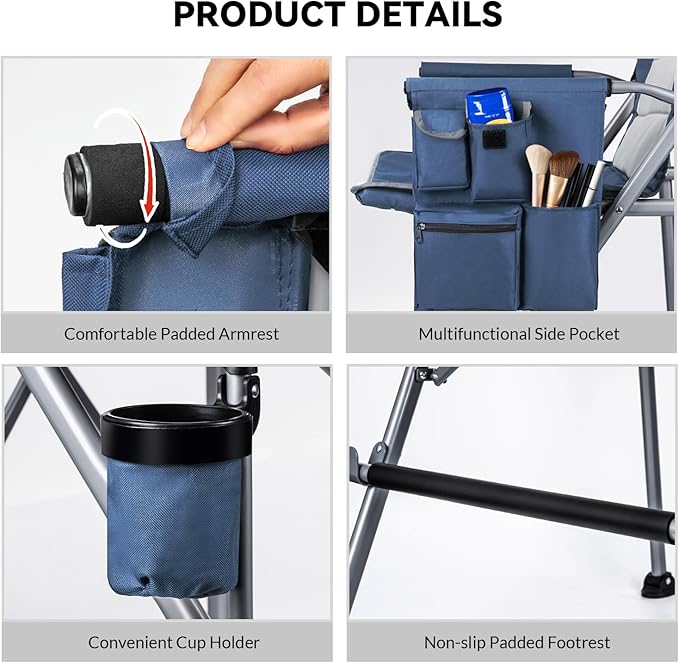 Foldable Directors Makeup Salon High Chair - Portable Camping Bar Height Folding Photoshoot Chairs with Stroage Bag Cup Holder Non-Slip Footrest Supports 400 lbs Blue Tall Director Chair
