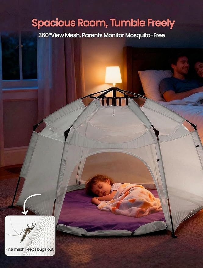 Portable Large Kids Beach Tent Shelter with Canopy UV Cover Indoor Outdoor Camping Tentwith Thick Removable Floor for Sleeping Or Beach Shelter (Light Grey)