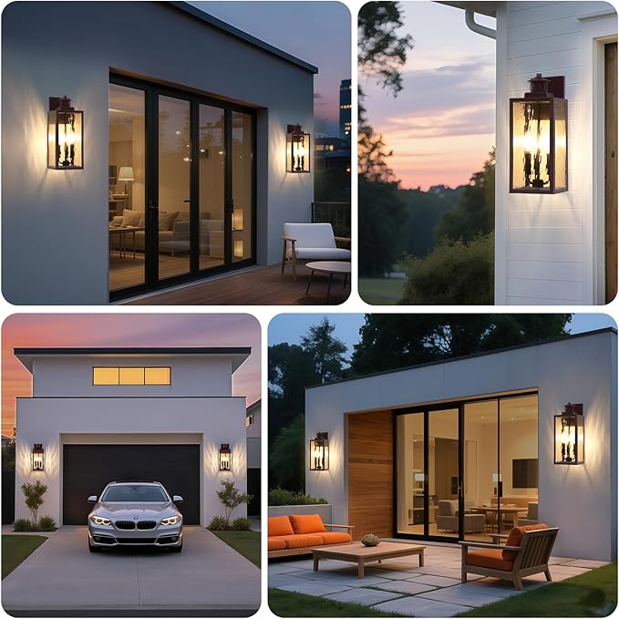 3-Light Motion Sensor Outdoor Wall Light Waterproof Exterior Wall Sconce Light Fixture with Water-Rippled Glass Dusk to Dawn Brown Outside Wall Lantern for House Porch PatioBulbs Not Included