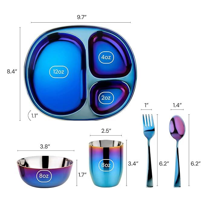 Ahimsa Stainless Steel Kids Dinnerware Set Pediatrician Designed 5 Piece Toddler Plates and Bowls Set Stainless Steel Divided Plate Cup and Kids Utensils Blue