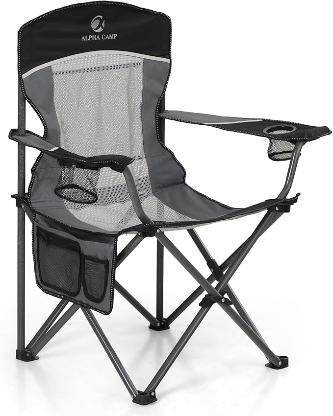 LET'S CAMP Mesh Back Camping Chair Portable Folding Heavy Duty Outdoor Chair Support 330 LBS Durable Large Arm Chair with Cup Holder and Carry Bag for Camp Fishing Hiking Black
