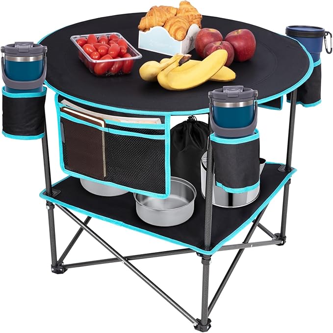 FUNDANGO All in One Tailgate Table Portable Beach Table with Cup Holders Camping Table Foldable with Side Pockets Carry Bag for Camp Outdoor Sand Beach Picnic Fishing Tailgating Essentials