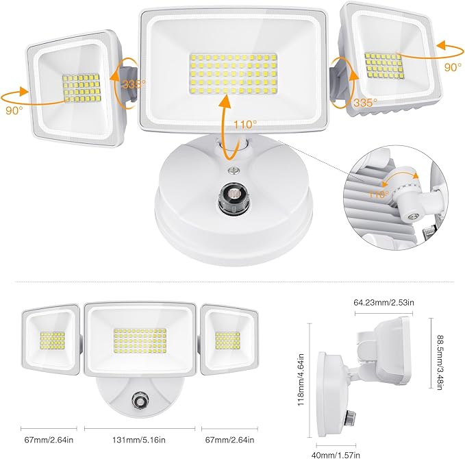 Onforu 60W LED Dusk to Dawn Outdoor Lighting2 Packs 6000LM Exterior Flood LightsIP65 Waterproof Outdoor 3 Adjustable Heads Photocell White Lights Fixture6500K Daylight White Floodlights(White)