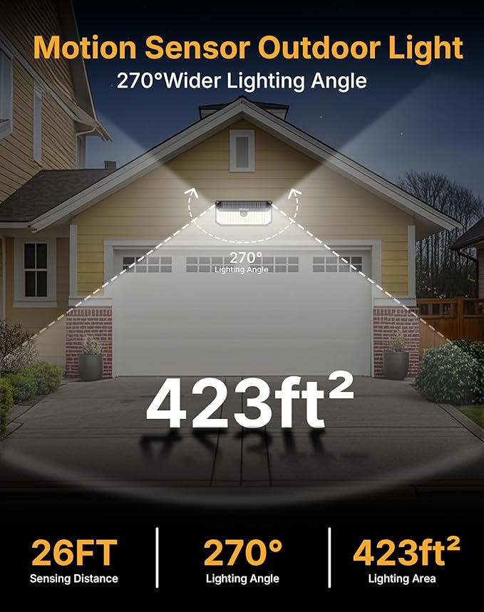 Solar Security Lights Outdoor 466 LED 4000Lm Ultra Bright 270° Wide Motion Sensor IP68 Waterproof 3 Modes Dusk-to-Dawn Solar Flood Light for Driveway Fence Garden Garage 2-Pack