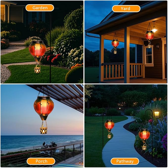 Colorful Solar Hot Air Balloon Lantern with Flame Flickering LED Glass Hanging Solar Lanterns Outdoor Waterproof Hot Air Balloon Lights for Patio Yard Garden DecorMother Day Gifts for Women