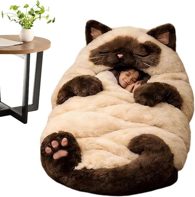 Plush Cat Print Envelope Sleeping Bag | 175x80cm Indoor Wearable Cat Sleeping Bags for Adult | Cute Animal Shaped Blanket| Winter Plush Sleep Sack