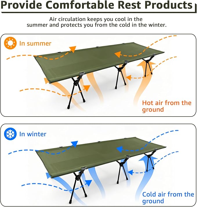 2 in 1 Folding Camping Cot with Leg Extenders Portable Height Adjustable Sleeping Bed 300 lbs Max Load Ultralight Aluminum Cot for Tent Camping Backpacking and Road Trip