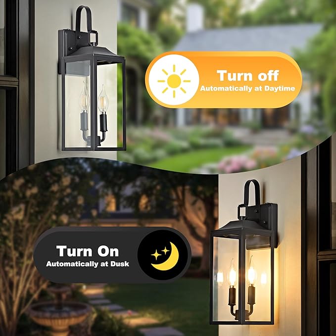 OKELI 2-Pack Dusk to Dawn Outdoor Lighting 17.6 2-Light Rustic Black Wall Lantern for Porch Outside Wall Sconces with Tempered Glass Shade Anti-Rust Wall Lights Outside Light for Garage Foyer