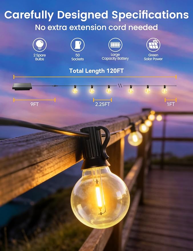 Brightever 120FT Solar String Lights Outdoor with Remote Waterproof Dimmable 3 Modes Outdoor Lights with 50+2 LED Shatterproof G40 Bulbs Solar Power Patio Lights for Outside Wedding Party Decor