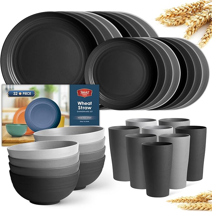 Teivio 32-Piece Kitchen Plastic Wheat Straw Dinnerware Set Service for 8 Dinner Plates Dessert Plate Cereal Bowls Cups Unbreakable Colorful Plastic Outdoor Camping Dishes Gray Ombre