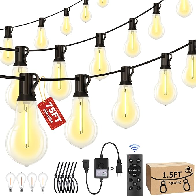 75FT Outdoor String Lights Waterproof with 50+4 Bulbs (1.5FT Bulbs Spacing) Remote &amp Dimmer Commercial Patio String Lights with 3 Mode Light &amp Timing 100PC Mounting Ties for Outside