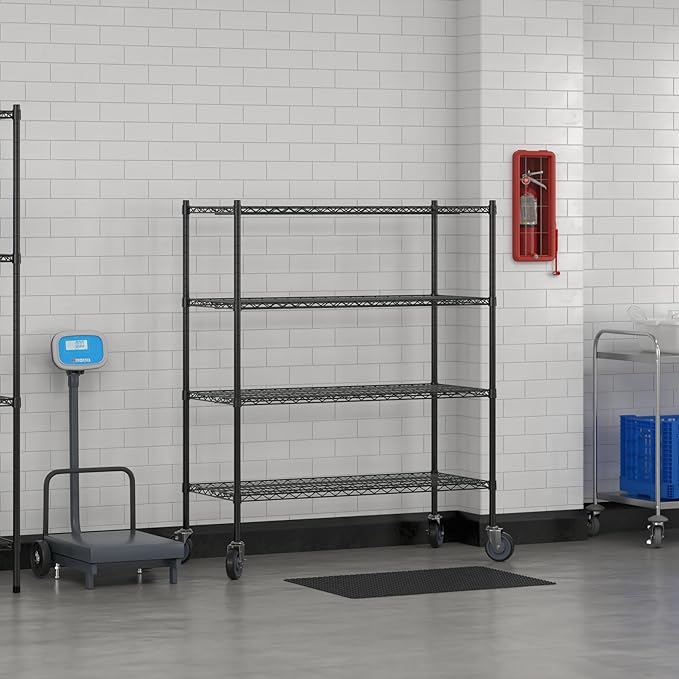 Commercial NSF Listed Black Epoxy Mobile Wire Shelving Kit 21 x 48 x 60 with 4 Shelves Perfect for Warehouse Walk-in Refrigerator Freezer Grocery Store Restaurant Dishroom