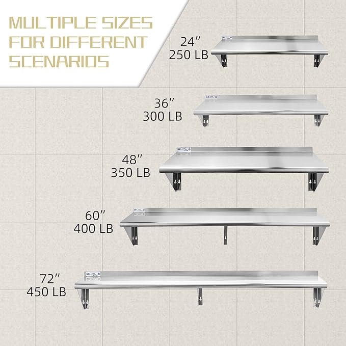 Hally Stainless Steel Shelf 14 x 72 Inches 450 lb Commercial Wall Mount Floating Shelving for Restaurant Kitchen Home and Hotel