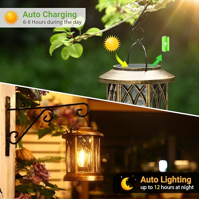 WdtPro Solar Lanterns Outdoor Lights 4 Pack Bright Lanterns Outdoor Waterproof with Clip Patio Decor Hanging Solar Lights for Outside Garden Yard Front Porch Table Decoration (Antique Copper)