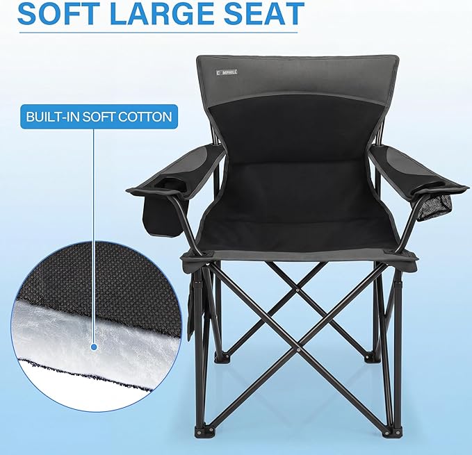Oversized Camping Chair for Adults - 2 Pack Padded Lawn Chairs with Cup Holder &amp Side PocketHeavy Duty Folding Outdoor Chairs for CampSportsPicnicBeachBlack