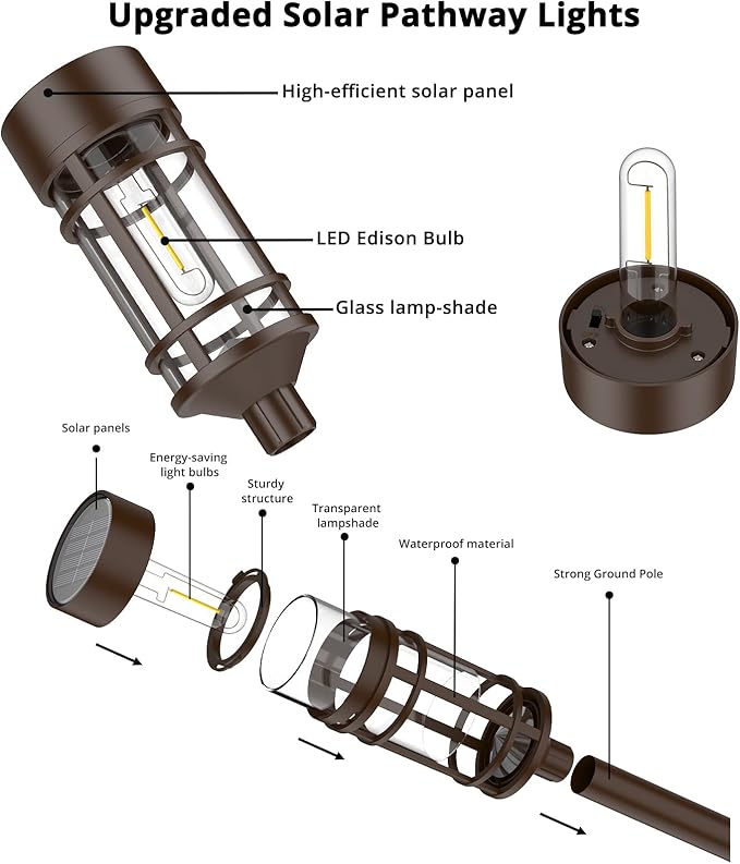 Solar Pathway Lights Outdoor Solar Lights 8 Pack Metal &amp Glass Design - Waterproof Auto On/Off Bright Long-Lasting Garden Landscape Lighting Walkway Driveway