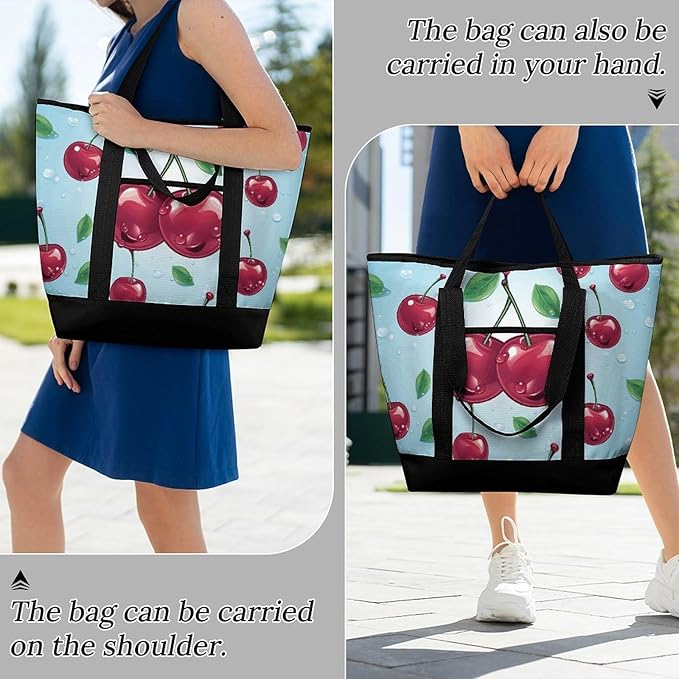 Insulated Shopping BagLarge Reusable Cooler Bags Cherry Printed Foldable Shopping BagTravel Waterproof Shoulder Bag