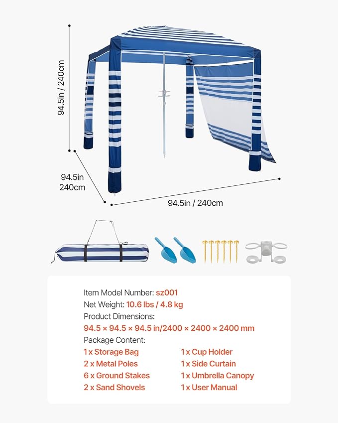 VEVOR Beach Cabana 8 x 8 ft Beach Canopy with Side Wall UPF 50+ Protection Easy Setup Cabana Tent with Sand Pockets Adjustable Height Portable Shade Sun Shelter Umbrella for Family Navy Stripes