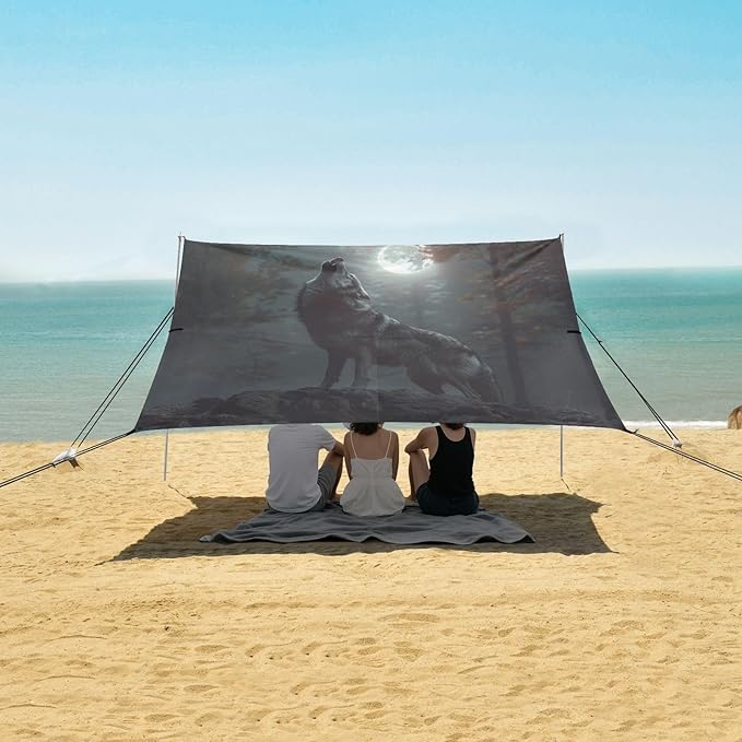 ALAZA Wild Wolf Howling Moon Forest Beach Tent Sun Shelter UPF50+ Protection Beach Shade Canopy w/ 4 Sandbags for Outdoor Camping Fishing Backyard Fun Picnic 10x9 ft