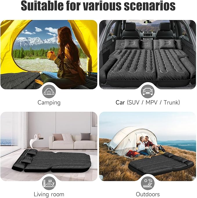 Inflatable SUV Air Mattress Bed Car Mattress Double-Sided Flocking Travel Camping Bed Car Sleeping Mattress for Universal SUV with Air Pump 2 Pillows