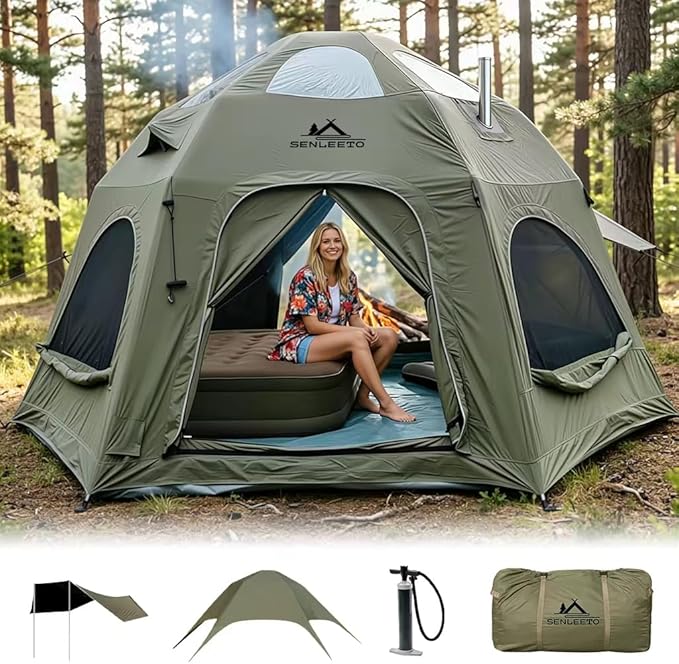 Inflatable Tents for Camping 6-8 People142 Square Feets Cotton Igloo Tent 4 Season Blow up Tents with Waterproof Tarp Glamping Inflatable Hot Tent with Stove Jack