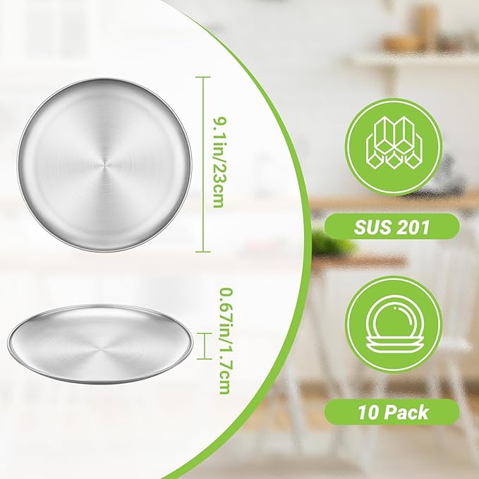 Metal Camping Plates 10 Pack 9.1 inch Small 201 Stainless Steel Plates Reusable Pizza Food Serving Snack Eating Salad Dishes Round Brushed Finish Silver Sturdy Dish Oven Dishwasher Safe