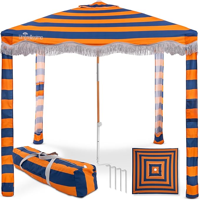 Premium Beach Cabana - Umbrellissimo Navy &amp Orange. Includes Sand Anchor Designer Canvas Prints &amp Fringe finishes Sand Pockets pegs Matching Carry Bag. Easy Set up 6.6'x6.6' of Cool UPF50+