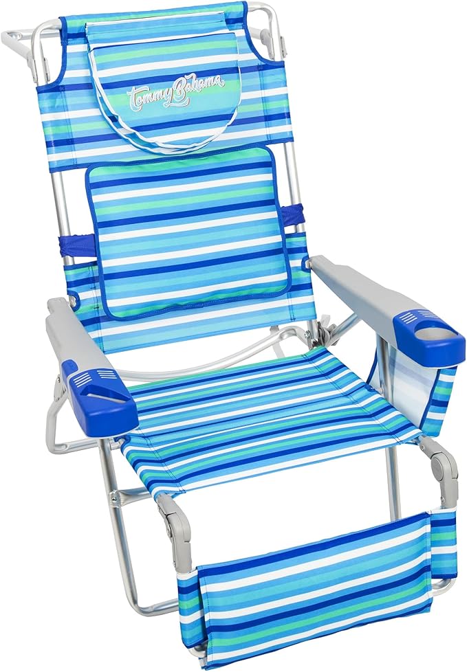 Tommy Bahama 4-Position Face-Opening Read Through Lounger with Ottoman Portable Folding Beach Chair Blue Stripe