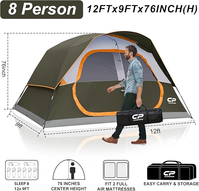 CAMPROS CP Upgraded 6/8 Person Camping Tents Waterproof Windproof Family Tent with Larger Mesh Windows &amp Door Double Layer Easy Set Up All-Season Dome Tent with Top Rainfly &amp Carry Bag
