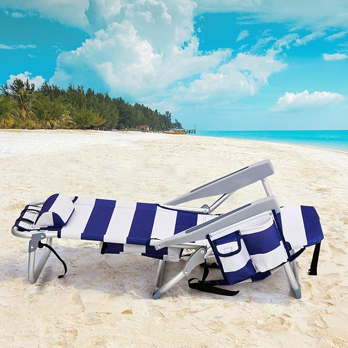 Low Beach Chairs for Adults 5-Position Reclining Backpack Beach Chair with Cooler &amp Storage Pouch Portable Lightweight Folding Aluminum Beach Chair with Cup Holder Supports 220lbs Blue Stripes
